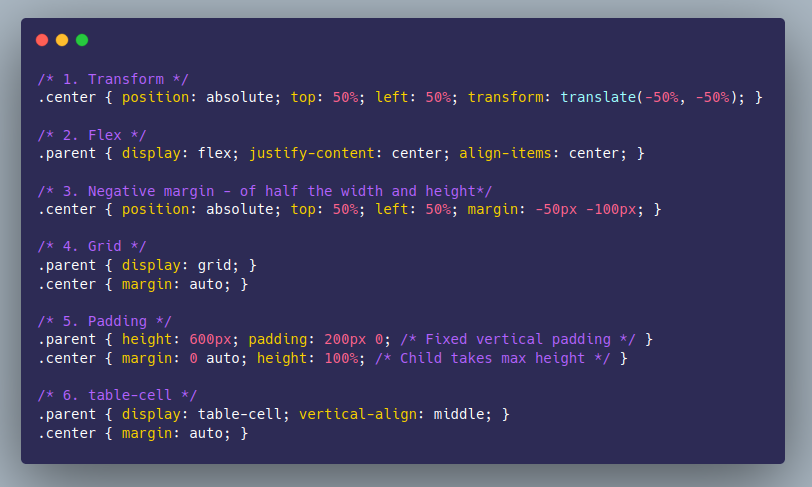 stevium's tweet photo. A nice #cheatsheet to center align #CSS using:
    1. transform 
    2. flex
    3. negative margin
    4. grid
    5. padding
    6. table-cell
Thanks to @venkyakshaya for compiling it up using #sass and #codepen to avoid using fixed values 🙂
👉 https://t.co/ur1vbqFoHy https://t.co/3LHGbRlxlb