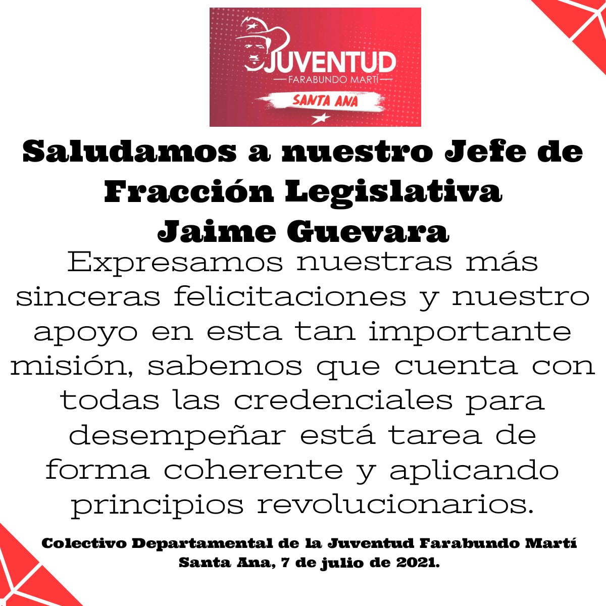 jororaes's tweet photo. Cómo colectivo departamental de la Juventud Farabundo Martí de Santa Ana, Saludamos a nuestro Jefe de Fracción Legislativa @JaimeGuevaraSV  y mostramos nuestro total respaldo. https://t.co/lZpoGLssaY