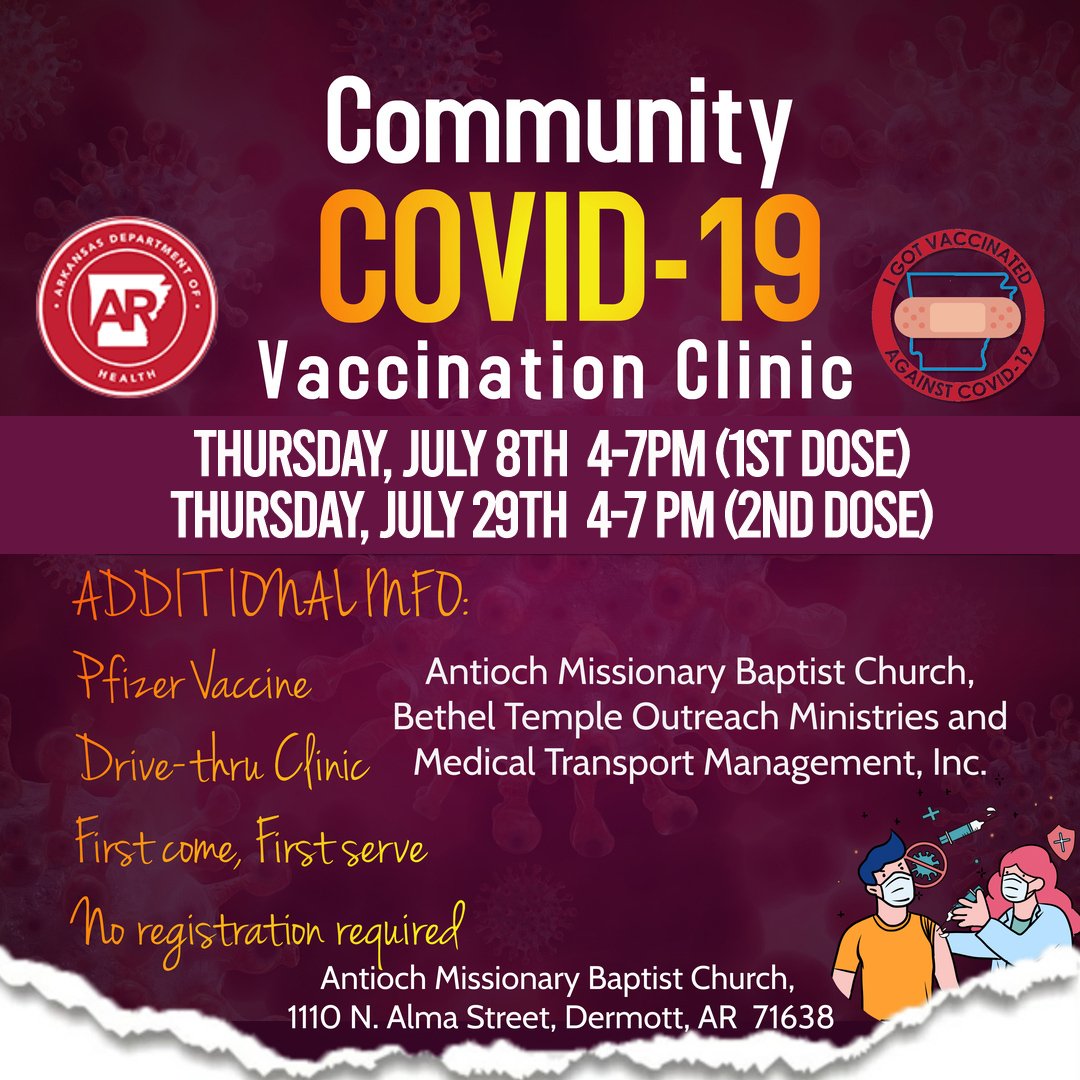 ArkBlueCross's tweet photo. In Dermott on Thursday? Get vaccinated. https://t.co/UqZK3IpA8g