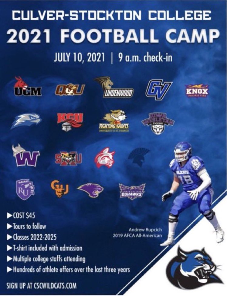 Reminders for camp this Saturday…

-NO pads or helmets, just cleats are needed. 
-Spectators bring lawn chairs
-Registration starts at 9am at the Joe Charles Fiedhouse 
-If preregistered please have a screenshot of payment

Sign up here👇👇
myculver.com/ICS/APPLY_NOW/…