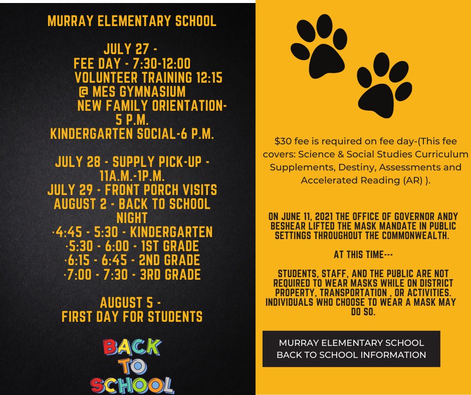 MES Releases back to school fee dates and all other back to school dates.  Mark Your calendars!  We look forward to greeting our MISD students and families! #murrayschools