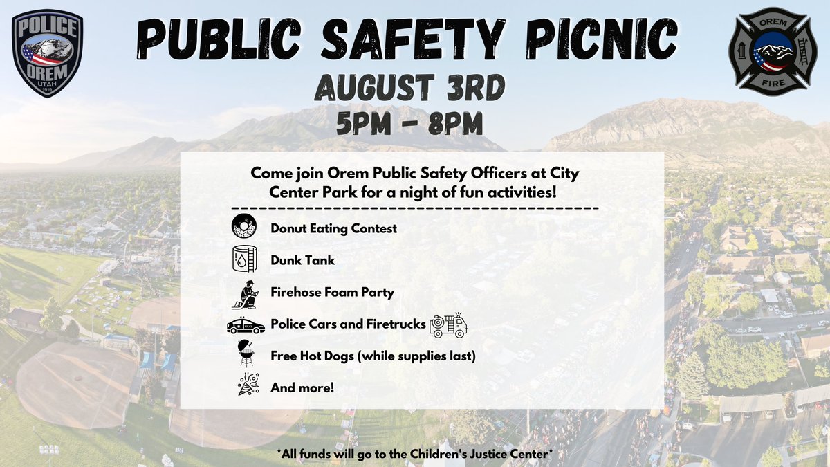 Our Public Safety Picnic is less than one month away!

Come hang out with us, bring your kids, and enjoy some fun activities we have planned. Check out our Facebook event page and let us know you’re coming.

We hope to see you there!

#orempd #utahevents #summer #oremutah