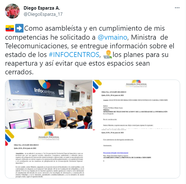 AsoCnt's tweet photo. La ASO NAC CNT EP agradece a @DiegoEsparza_17 por su compromiso y trabajo constante en favor de quienes más necesitan el acceso a la tecnología, a través de los Infocentros en el territorio amazónico. https://t.co/S3thGtOzLz