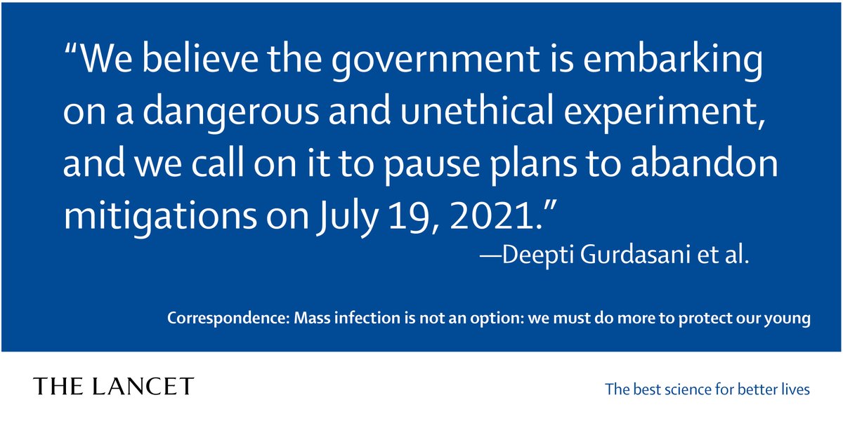 The Lancet (@thelancet) on Twitter photo NEW—Almost all #COVID19 restrictions are set to end in England on July 19. A group of scientists and health experts outline 5 key concerns and urge delaying complete re-opening until everyone—including the young—is better protected.
Read hubs.li/H0RPYj90. <a href="/dgurdasani1/">Dr. Deepti Gurdasani</a> NEW—Almost all #COVID19 restrictions are set to end in England on July 19. A group of scientists and health experts outline 5 key concerns and urge delaying complete re-opening until everyone—including the young—is better protected.
Read hubs.li/H0RPYj90. <a href="/dgurdasani1/">Dr. Deepti Gurdasani</a>