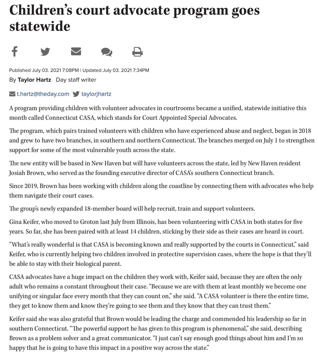 Thanks <a href="/taylorjhartz/">Taylor Hartz</a> <a href="/thedayct/">The Day</a> for citing #CASA #volunteer G. Keifer &amp; <a href="/JosiahBrownCT/">Josiah Brown</a> on this growing movement for #CT #children #families.
With our partners, <a href="/NationalCASAGAL/">National CASA/GAL Association for Children</a> advocates help children find safe, permanent homes, thrive. #ChangeAChildsStory
theday.com/article/202107…