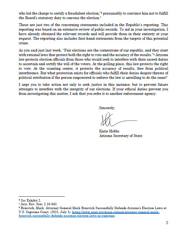 GovernorHobbs's tweet photo. Local reporting recently uncovered intense efforts to interfere with the tabulation of ballots and canvass of the 2020 election in Maricopa County. In Arizona, interfering with election officials is a felony. Today, I asked @GeneralBrnovich to investigate. https://t.co/qSFytrrll7