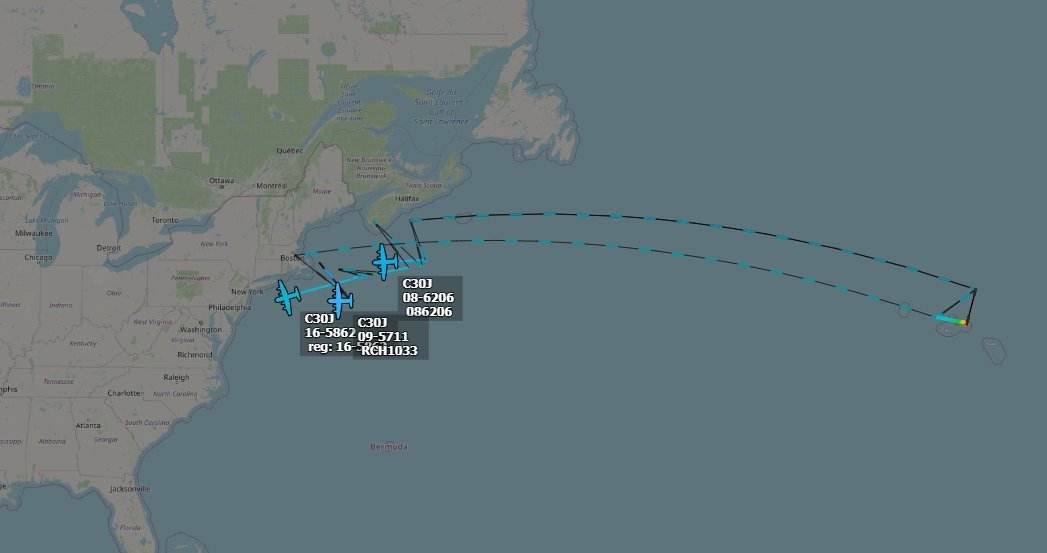 ameliairheart's tweet photo. 2x USAF MC-130Js (08-6206, 09-5711) and an AC-130J (16-5862) returning stateside after departing from Lajes Airport, PT. Before arriving at Lajes, they left from Al Udeid AB, QA with stopovers at Aviano AB, IT and Rota, ES. #ADSB #AE5F0F #AE4BE5 #AE29D3 https://t.co/NjPnrQZWz2