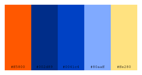 ColPaletteBot's tweet photo. Beep beep, here's a pretty color palette for you!
color-scheme.js parameters used:
- hue: 236
- variation: default
- colors: #ff5800, #002d89, #0041c4, #80aaff, #ffe280
Have a lovely evening!
#twitterbot #colorpalette #colors #palette #prettycolors https://t.co/H0U4ZDRHSi