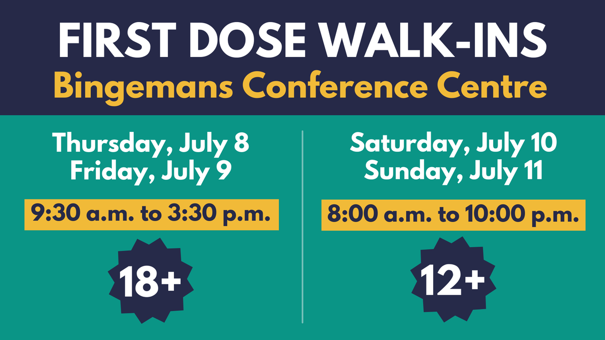 RegionWaterloo's tweet photo. It's not too late to get your first dose! Everyone is welcome to walk-in for a first dose at any Regional vaccine clinic. The new @Bingemans Conference Centre location is also taking first dose walk-ins starting tomorrow🚶
Clinic info: https://t.co/1z6FVn53O6 https://t.co/bChLofb1Ta