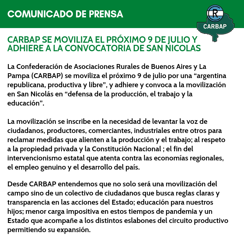 CARBAP_ARG's tweet photo. 🟢 Comunicado de Prensa 🟢

Los ciudadanos tenemos la necesidad de levantar la voz "por una Argentina Republicana, productiva y libre" y "en defensa de la producción, el trabajo y la educación"

#9J #9JYoVoy #9JCARBAP #9JPorLaRepublica #9JPorArgentina https://t.co/x7e5iKuixl