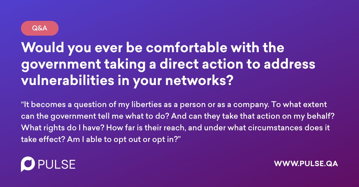 pulseQA's tweet image. Would you ever be comfortable with the government taking a direct action to address #ITvulnerabilities in your networks? 👀 Voice your thoughts on our community discussion: pulse.qa/post/ever-comf… #crisismanagement #ITsecurity #CIOchat