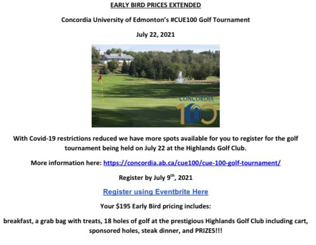 Celebrate <a href="/CUEdmonton/">Concordia Edmonton</a> ‘s 100th anniversary with a round of golf <a href="/HighlandsGC1929/">Highlands Golf Club</a> - early bird prices extended to July 9th! Use this link to register: concordia.ab.ca/cue100/cue-100…