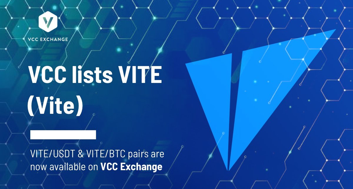 VCC Exchange has listed VITE (Vite) and opened trading for VITE/USDT and VITE/BTC pair. Customers can now buy, sell, convert, send, receive, or store VITE on VCC 
To learn more about VITE (Vite), please visit their website at: vite.org