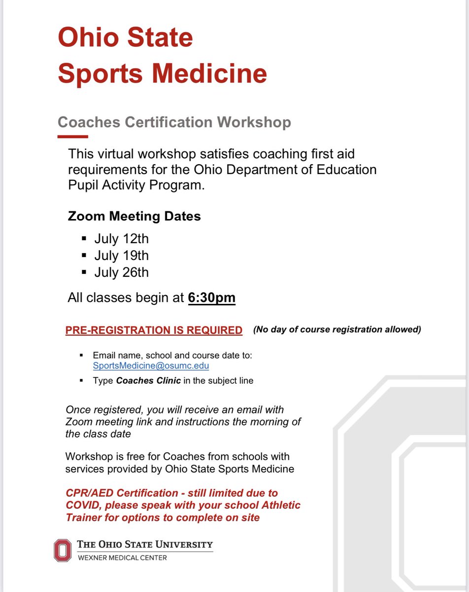 OHS Coaches: next round of virtual PAP workshops are coming up. Make sure you get signed up if you are in need of renewal! Please reach out to Alex or Emily if you need to renew your CPR certification.