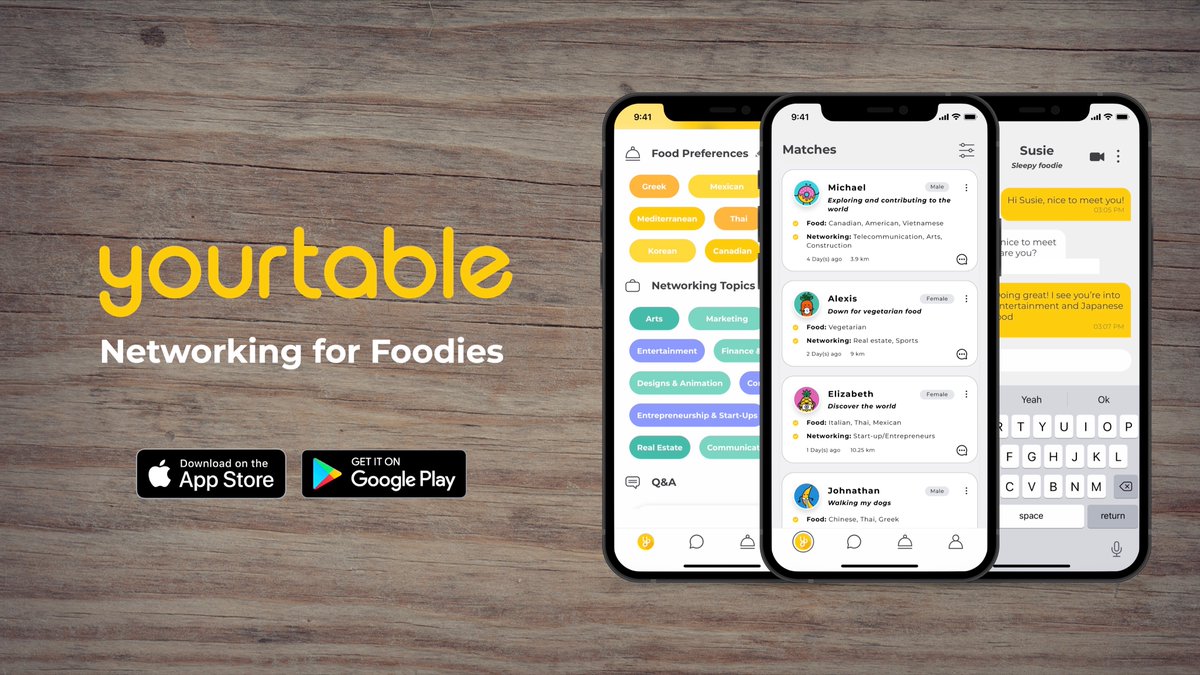 yourtableco's tweet photo. YourTable focuses on building professional relationships and friendships through food. Networking for Foodies.
Explore your matches today! Download YourTable on the App Store and Google Play: https://t.co/n2bxbSPi0j
#YourTable #Networking #App #Foodies #NeverEatAlone https://t.co/a7kSfaPrng