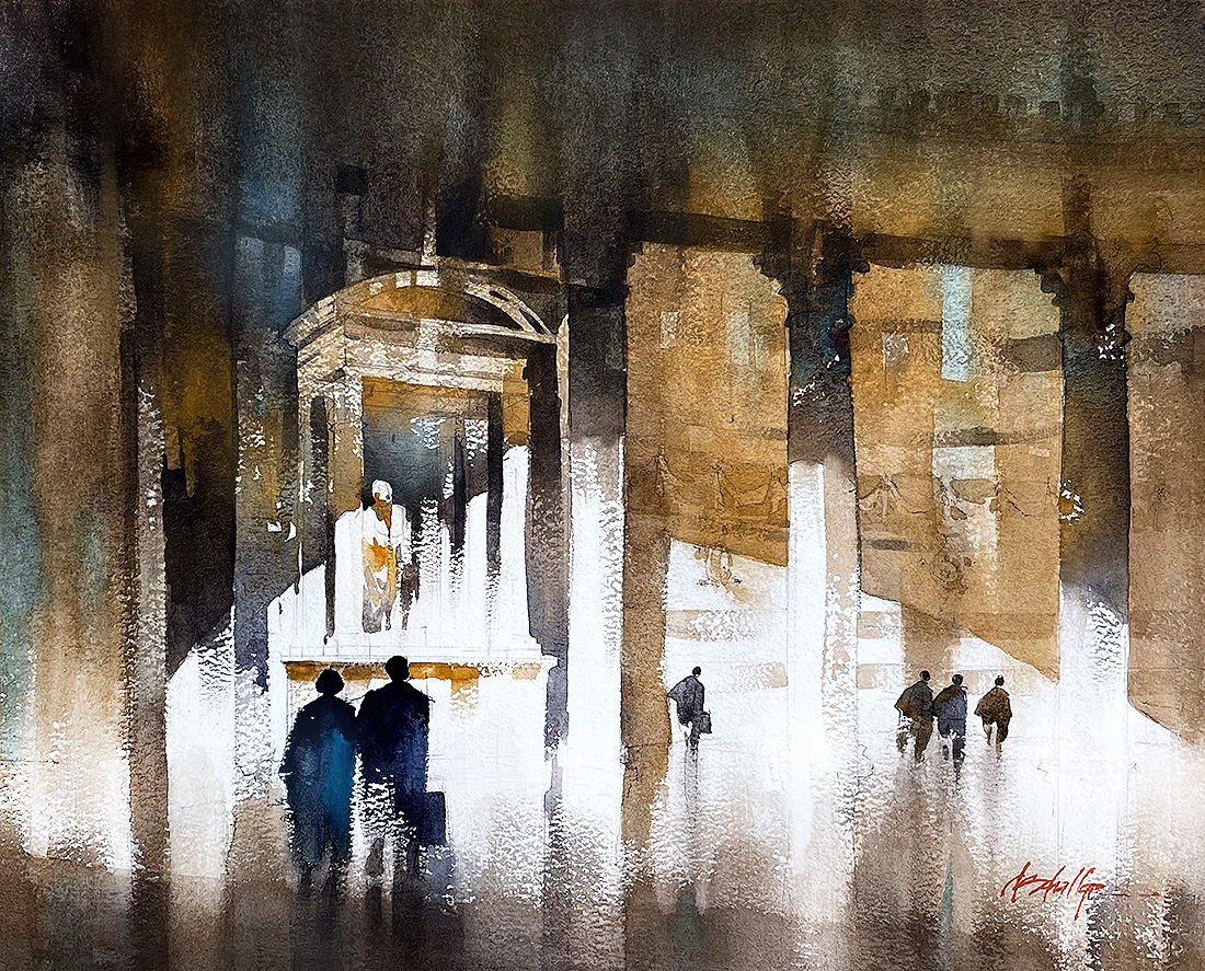 twschaller's tweet photo. Pantheon Light "We are bound to the earth in lightness
And by the darkness released" #art #architecture #pantheon #rome #italy #watercolor #light #shadow https://t.co/0M20tDpC9h