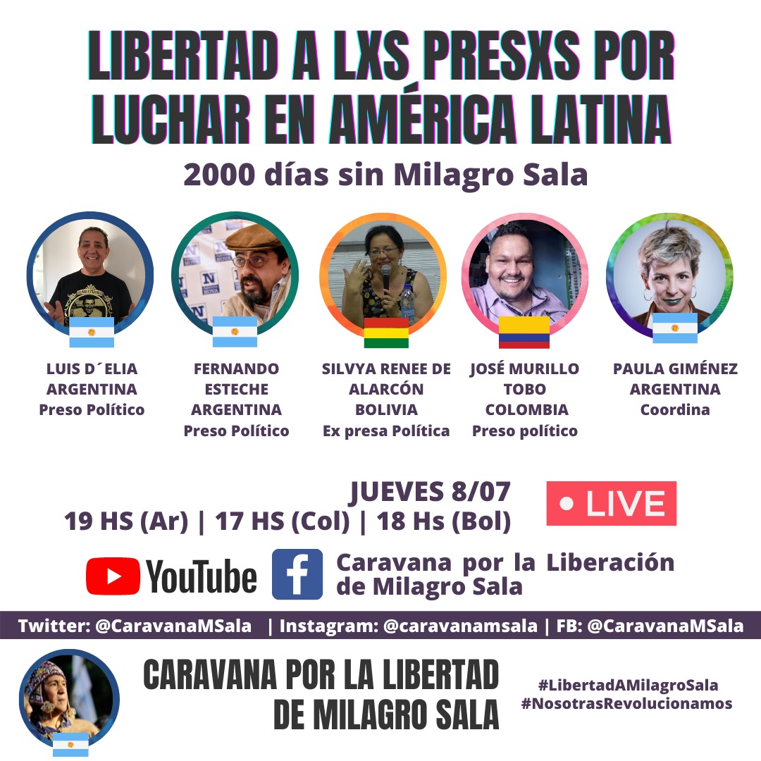 CaravanaMSala's tweet photo. LIBERTAD A LXS PRESXS POR LUCHAR EN AMÉRICA LATINA: 2000 días sin Milagro 🔥

📆Jueves 08/07 | 19 hs Arg

Libertad a lxs #PresxsPorLuchar 
#LibertadAMilagroSala 

@Luis_Delia @SalaMilagro
@estechefernando @PaulaGimenez_Ok @emergentemedio @ChalecosAmarill @Las12_Pagina12 https://t.co/H0F1tY5vPP