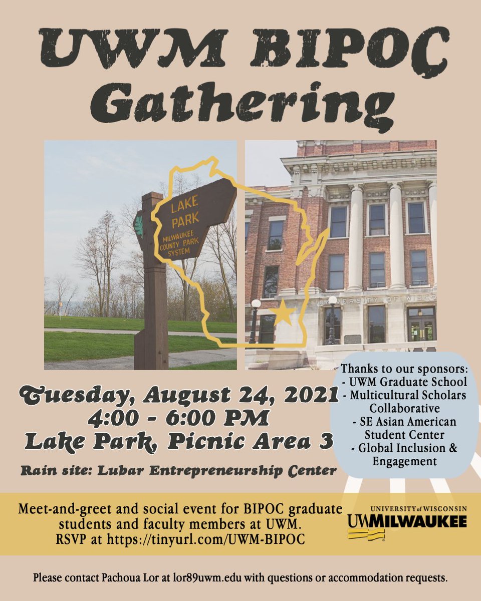 uwm_msc's tweet image. Save the date for Tue. 8/24! All BIPOC graduate students and faculty members are invited to the UWM BIPOC Gathering. Meet faculty and connect with colleagues across UWM grad programs! RSVP at tinyurl.com/UWM-BIPOC.