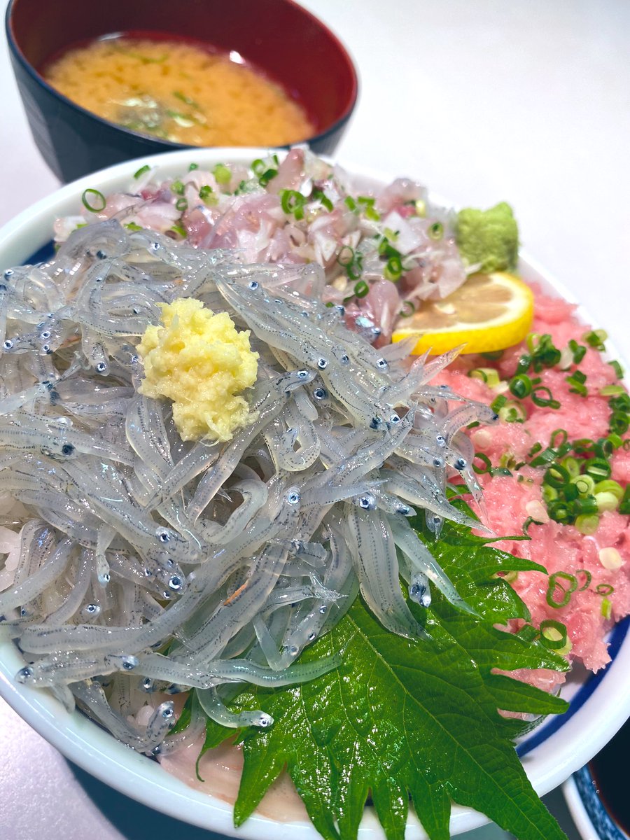 Rio V Twitter 生しらす 中トロすき身 鯵タタキ 完璧 後ろに写ってる味噌汁にはあら汁ほどじゃないけど しっかり魚のあらが使われていて 凄く重厚な味になってた 静岡県ってもしかして天国 焼津 静岡 グルメ旅