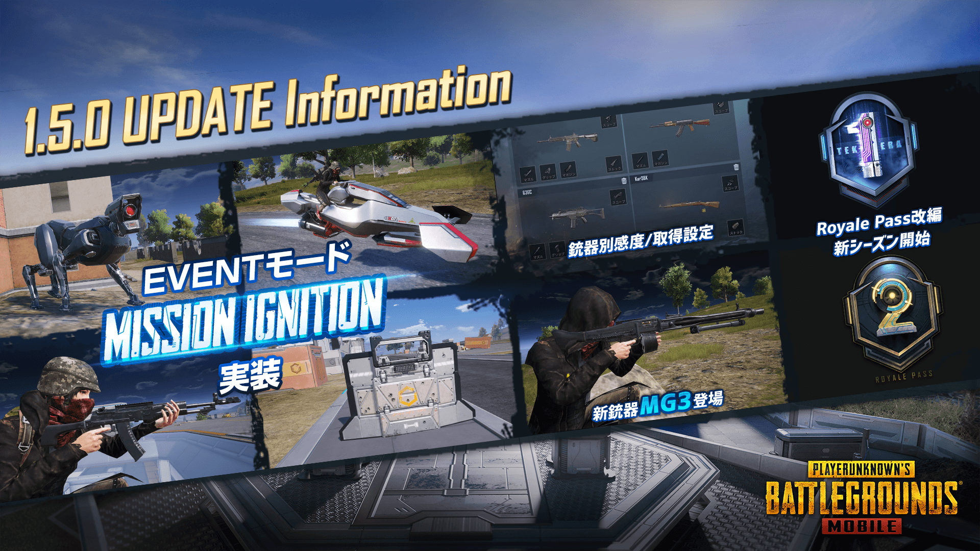 Pubg Mobile Japan アップデートのお知らせ 7 9 金 にversion 1 5 0のアップデート を行います 本アップデートに伴うメンテナンスの予定はございません 更新内容 Eventモード Mission Ignition 新銃器 Mg3 銃器別感度 取得設定 Royale