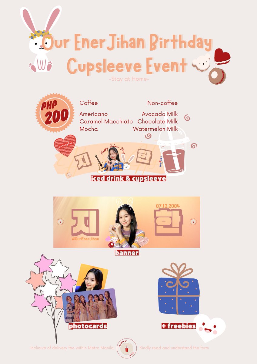 cosmicolatteph's tweet photo. [CUPSLEEVE EVENT]
Our EnerJihan Birthday: Stay at Home Cupsleeve Event

You'll get 1 Cosmic o' Latte drink, a cupsleeve, banner, photocards and freebies from us for only P200!

Kindly fill out the form here!
https://t.co/cZ1HDBGWZT https://t.co/K6uz1YrAAF