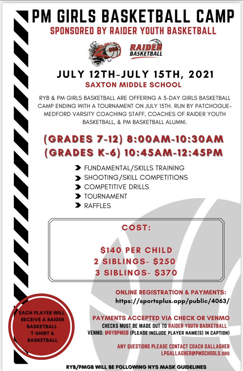STILL TIME TO REGISTER BEFORE GIRLS K-12 BASKETBALL CAMP OFFICIALLY BEGINS! 🏀❤️🖤🤍 Register online by clicking the link below! sportsplus.app/public/4063/re… <a href="/PatMedAthletics/">Pat-Med Athletics</a> <a href="/PMcoachGALL/">Coach Gallagher</a> @PatMedSchools