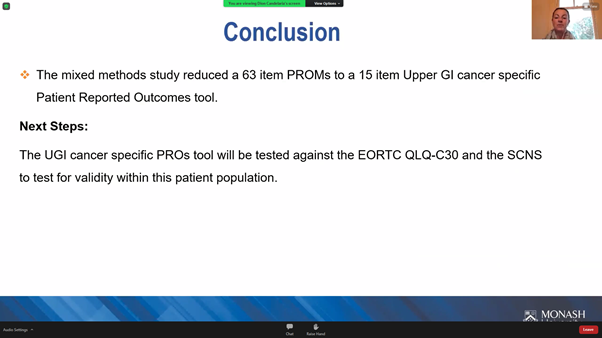 JenHolland_HIM's tweet photo. Congrats @TennilleLewin on your work which has produced a 15-item PROs tool for use in the @PROpatientTrial. Interesting there was not consensus amongst consumers between use of a long (63 Qs) vs short item tool (15 Qs) #PROMsDownUnder #PROMs #upperGIcancer https://t.co/oWitElHaxw