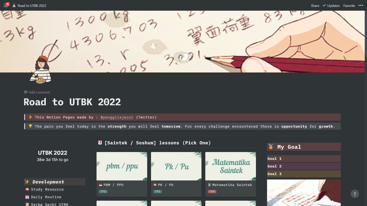 panggilajazul's tweet photo. [Notion for UTBK Preparation]

Hola! Gue bikin template Notion untuk persiapan UTBK (Untuk angkatan berapapun). Link ada di Reply ya!

Btw, ada guide-nya kok. Baca Thread di bawah ya :)

(Pages Tidak boleh dikontenkan/diperjualbelikan) https://t.co/BSFsAk5Eok