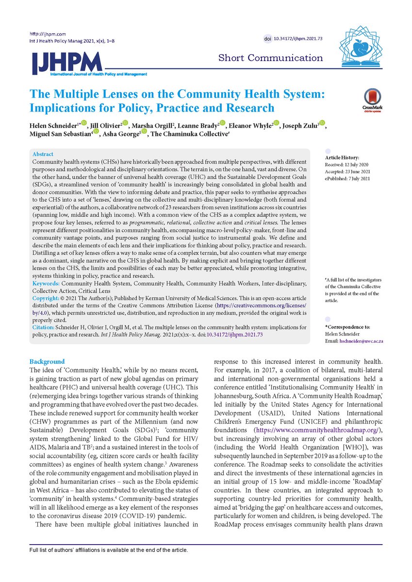 Ṣẹ̀yẹ Abímbọ́lá (@seyeabimbola) on Twitter photo Here's a great new paper by <a href="/schneider_helen/">Helen Schneider</a> et al
They offer 4 complementary lenses on 'community health systems' (programmatic, relational, collective action and critical) as complex adaptive systems
"The Multiple Lenses on the Community Health System" ijhpm.com/article_4077_8… Here's a great new paper by <a href="/schneider_helen/">Helen Schneider</a> et al
They offer 4 complementary lenses on 'community health systems' (programmatic, relational, collective action and critical) as complex adaptive systems
"The Multiple Lenses on the Community Health System" ijhpm.com/article_4077_8…