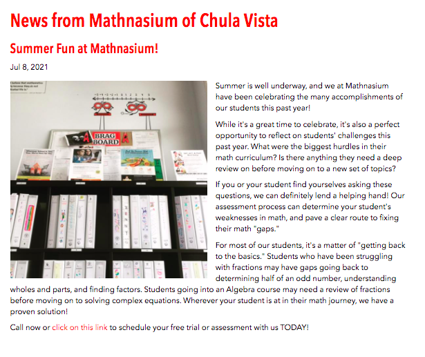 MathnasiumCV's tweet photo. Check out our new blog post and find out why a #summeratmathnasium is a summer well spent!

Call NOW to schedule your student’s #freetrial session!

(619) 946-5686
https://t.co/4vul9YMXml
Mathnasiumofchulavista@gmail.com

#summer #math #summerprogramsforkids #sandiegosummer https://t.co/dd6ifGDqKW