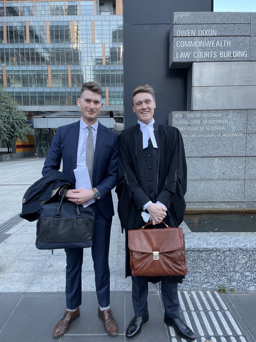 DylanQuinnell's tweet photo. Two happy lawyers outside Fed Court in Melbourne this morning after the judge enshrined in law the duty of care the Enviro Minister has to see young people are not further harmed by climate change &amp; ordered her to pay their costs!
Congrats on historic win @dbarnden &amp; co!
#auspol https://t.co/USrkHyAkdb