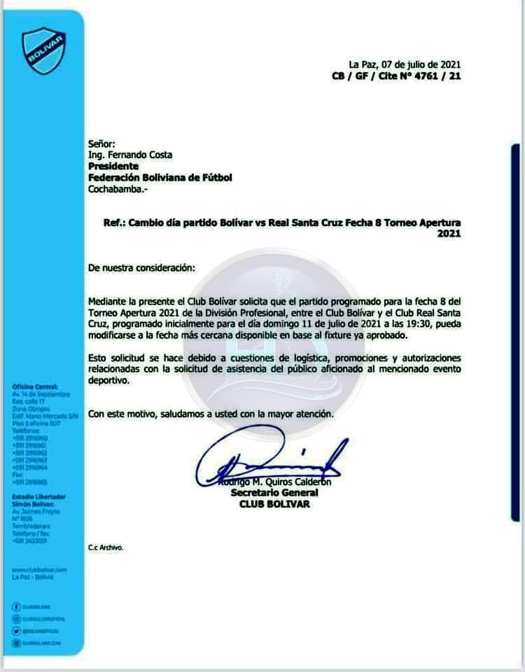 #DivisiónProfesional #FBF #Bolívar
La academia pide reprogramación

#Bolivar mandó una solicitud para reprogramar el partido frente a #RealSantaCruz para el domingo a las 19:30 por cuestiones de logística y autorización para el ingreso de público al estadio.