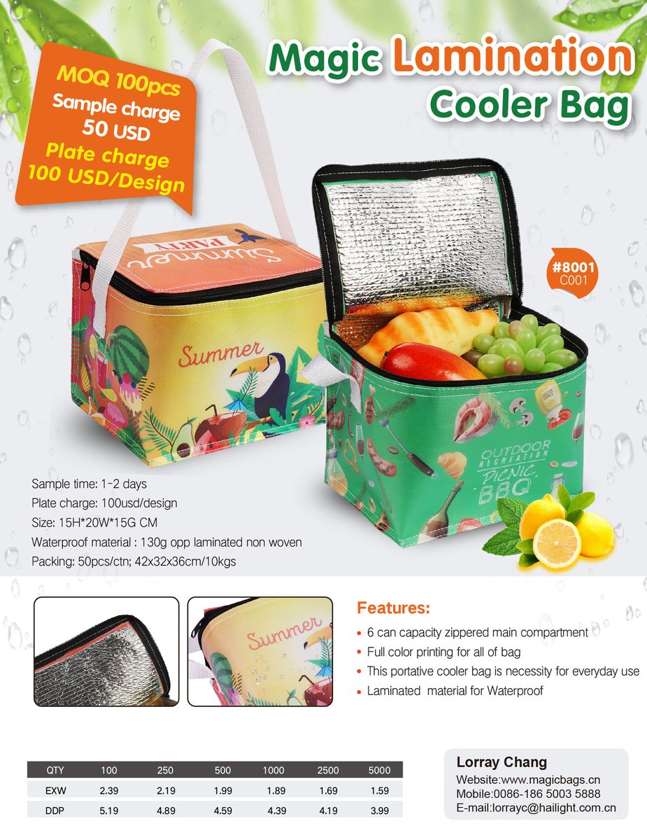 Lamintaion material, with waterproof and easy to clean. now we use it to manufacture Cooler bags, MOQ is 100pcs only.