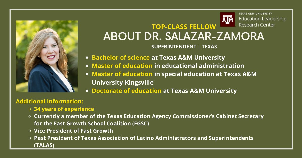 ElrcTamu's tweet photo. Our next Top-Class Fellows is Dr. Salazar-Zamora! Dr. Salazar-Zamora is an Aggie alum & brings extensive experience in public education. We're excited to have her with us!
Take her course & more at:
https://t.co/QB3YjepJC8…
#educationalprofessionaldevelopment #educationalpd https://t.co/ki4oHewL0P