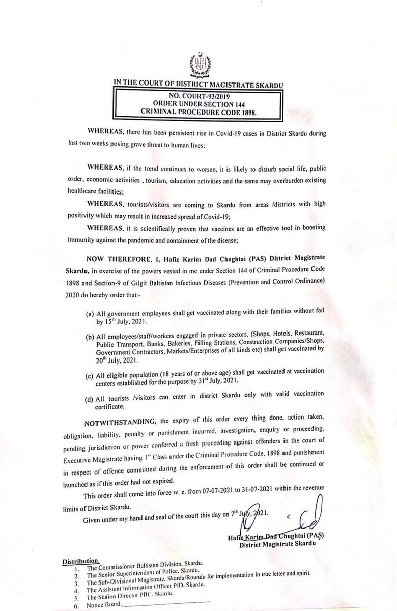 Voiceofskd's tweet photo. Given the exigency of Covid vaccination, section 144 imposed in District Skardu requiring: 
a) All Government employees to get vaccinated till 15th July 
b) All private sector workers  to get vaccinated till 20th July 
c) All eligible population to get vaccinated till 31st July https://t.co/Q82IbEavSU