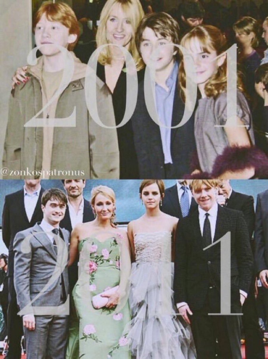 HPotterUniverse's tweet image. JK Rowling, Dan, Rupert, and Emma at the first and last Harry Potter premieres in London.

#10YearsDeathlyHallows2Premiere
