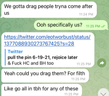This is Social Media "leadership" texting a tweet link to a member. The tweet reads:

"&amp; F*ck HC (Hammer City) and BH (Black Hammer) too." 

Leadership requested this person "drag them for filth" and to "go in" on any tweets on people saying negative things about BHO.