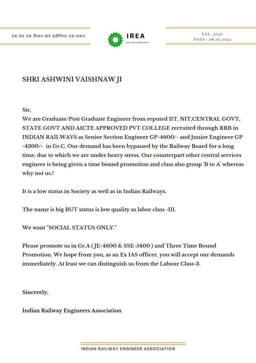 <a href="/AshwiniVaishnaw/">Ashwini Vaishnaw</a> Sir, first of all hearty congratulations to you for becoming the Railway Minister, We hope that you will definitely make changes in this traditional structure for Railway Engineers which is running from the time of the British.
(1/1)