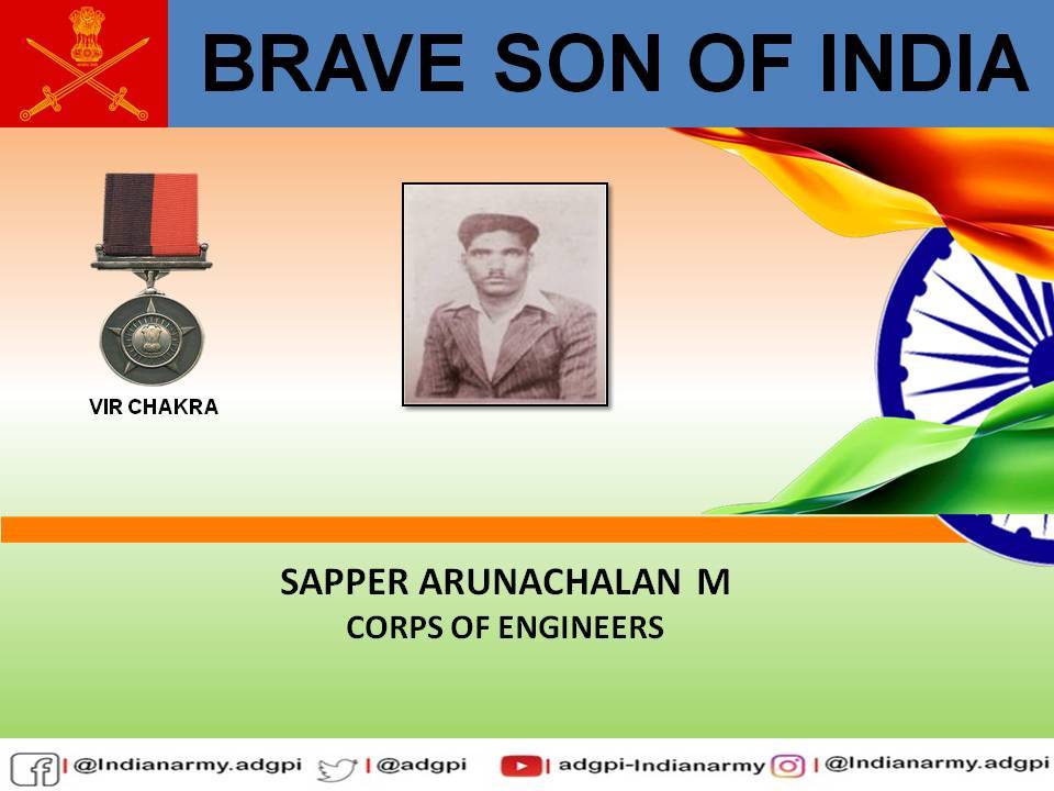 08 July 1948

#JammuAndKashmir 

Sapper Arunachalan M successfully demolished a bridge under heavy shelling to stop enemy infiltration. Displayed extraordinary #courage &amp; #bravery. Posthumously awarded #VirChakra 

gallantryawards.gov.in/awardee/1773