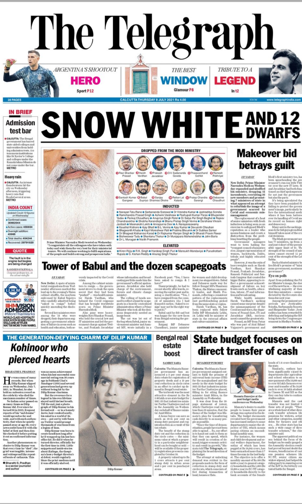 The Telegraph Good Morning Here S The Front Page Of The Telegraph Today Read More At T Co Obzuhbiudg Unputdownable Telegraphfrontpage Politicalnews Narendramodi Cabinetreshuffle Dilipkumar T Co Vucrripu4m