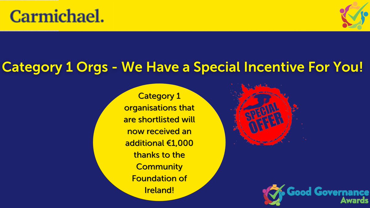 As an added incentive to encourage smaller nonprofits (with an annual turnover of less than €50,000) to enter the Annual Report Award, those shortlisted in category 1 will receive €1,000 with the overall category 1 winner receiving an extra €1,000 thanks to @CommunityFound