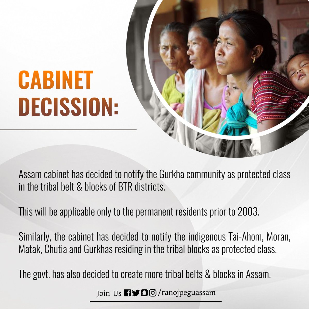 ranojpeguassam's tweet photo. Assam cabinet chaired by HCM Dr @himantabiswa took major decisions for indigenous communities of the state.

Met media today to brief the cabinet decisions. https://t.co/WOs7OpBYBA