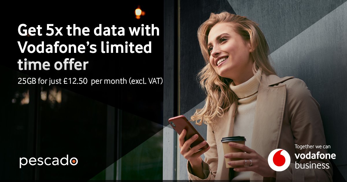 PescadoGroup's tweet photo. Don’t miss out on Vodafone’s limited time offer to get 25GB for the price of 5GB!  Available until August 19th.

enquiries@pescado.co.uk or call us on 033 000 22 021
#Mobile #deal #Offers https://t.co/qS2MwaX8Ni