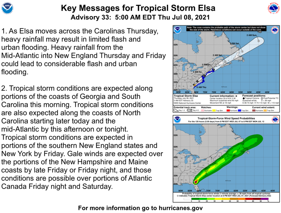 NHC_Atlantic's tweet image. 5AM EDT July 8 Tropical Storm #Elsa Key Messages.  Tropical Storm Warning issued for portions of the Mid-Atlantic and New England states, extending northward to the Merrimack River in Massachusetts.   nhc.noaa.gov/#Elsa