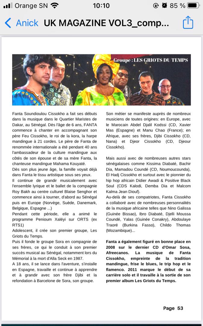 Fanta Cissokho &amp; Les Griots Du Temps en la revista United Kreol, referencia periodística sobre África y afrodescendientes en Francia
unitedkreol.com