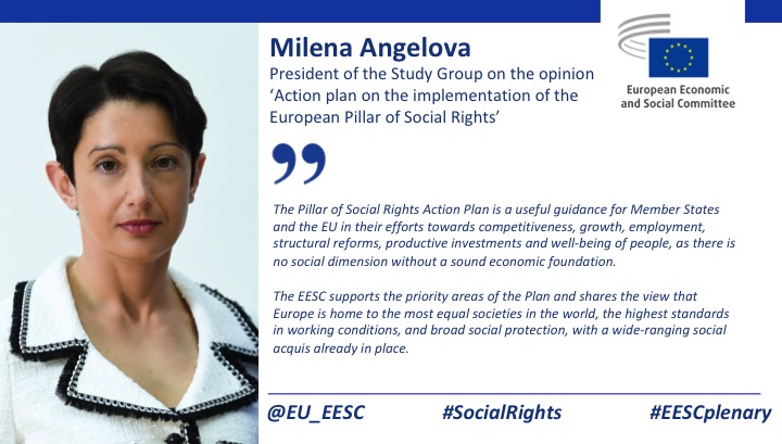 📢The Pillar of #SocialRights Action Plan is a useful guidance towards #competitiveness, #EUgrowth, employment, structural reforms, productive investments & well-being of people, as there is no social dimension without a sound economic foundation. - @MilenaAngel23 at #EESCplenary