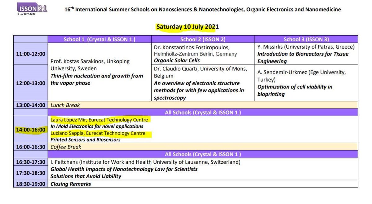 ccasellascoll's tweet image. 10th of July from 14:00 to 16:00 @LucDavid1985 &amp;amp; @lauralpzmir Researchers at @Eurecat_news, will give 2 lectures in #ISSON2021 talking about #InMoldElectronics &amp;amp; #PrintedSensors &amp;amp; #Biosensors at @NANOTEXNOLOGY_   nanotexnology.com/index.php/lect…