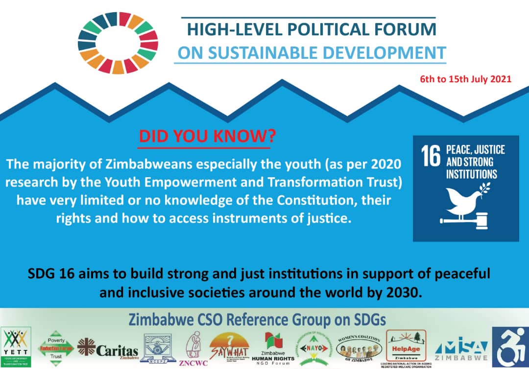 What would achieving #SDG16 look like to you? Please respond in the comments section. 
<a href="/UN/">United Nations</a> <a href="/UNDP/">UN Development</a> <a href="/YetTrust/">#Youth4SDGs</a> <a href="/ncdpz/">National Council of Disabled Persons of Zimbabwe</a> <a href="/ZNCWC/">#ZNCWC</a> <a href="/SAYWHATOrg/">SAYWHAT</a> <a href="/ZimHRNGOForum/">Zimbabwe Human Rights NGO Forum</a> <a href="/NAYOZimbabwe/">#LeaveNoYouthBehind</a> <a href="/WCOZIMBABWE/">Women's Coalition of Zimbabwe</a> @HelpageZ <a href="/misazimbabwe/">MISA Zimbabwe</a> <a href="/WalpeAcademy/">Women's Academy for Leadership</a> <a href="/ZIMCODD1/">ZIMCODD</a> <a href="/kubatana/">Kubatana</a> <a href="/nango/">nango</a> <a href="/ParliamentZim/">Parliament of Zimbabwe</a> <a href="/InfoMinZW/">Ministry of Information, Publicity & Broadcasting</a>