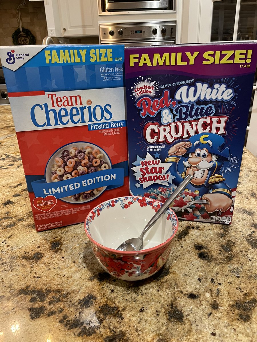 ScottWarner18's tweet photo. Tonight I ate both of these boxes of cereal in honor of the recent #4thofJuly holiday and also to numb the pain of the @Dodgers being swept by a garbage Marlins team. True story. 🇺🇸😩 FYI, both are delicious! 💯 @GeneralMills @cheerios #CapnCrunch https://t.co/5JJ4aPMf7D