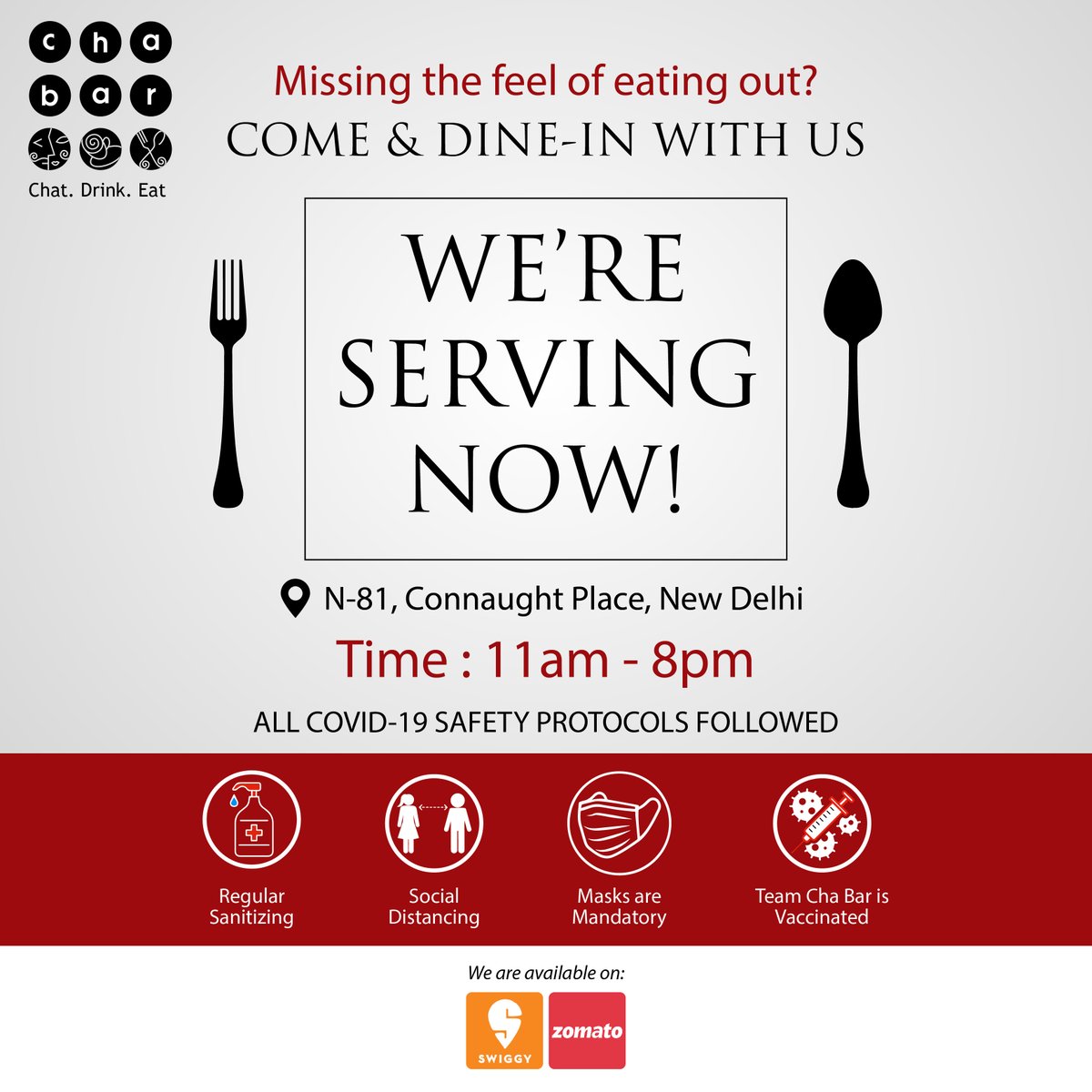 Cha Bar Connaught Place is now open for dine-in with all safety precautions in place. Visit us and enjoy mouth-watering delicacies at your favourite Cha Bar. Home Delivery and take away is also available.

#ChaBar #ServingNow #DineIn #ConnaughtPlace #NewDelhi